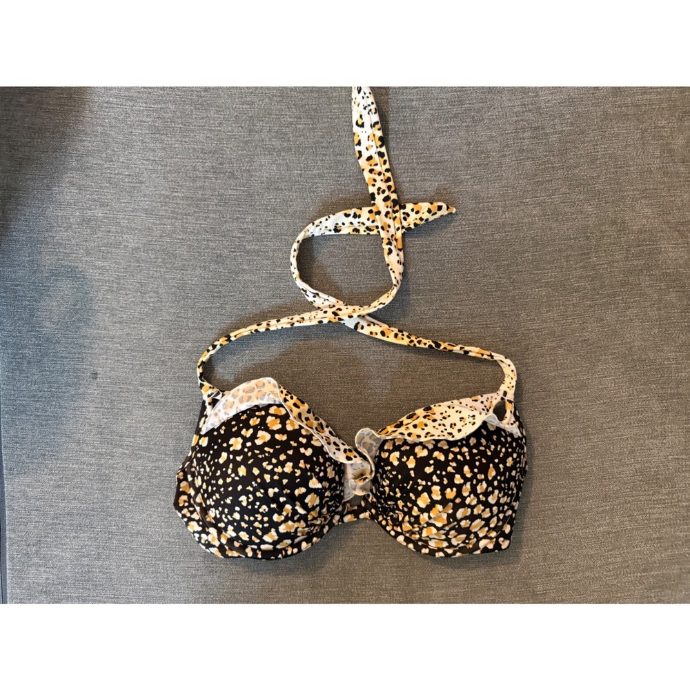 Victorias Secret Leopard Print Ruffle Halter Bikini Top Black Gold 36C